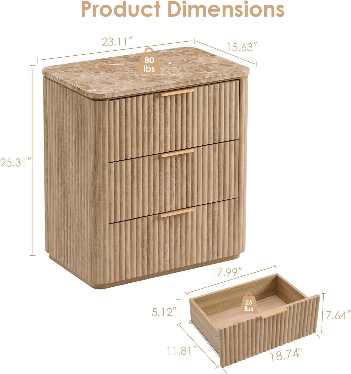 Fluted Nightstand Set of 2, Engineered Wood Bedside Table with 3 Drawers, Modern End Table with Faux Marble-Top, Curved Corners, Metal Handle, Large Night Stand for Bedroom, Office, Closet Natural Oak