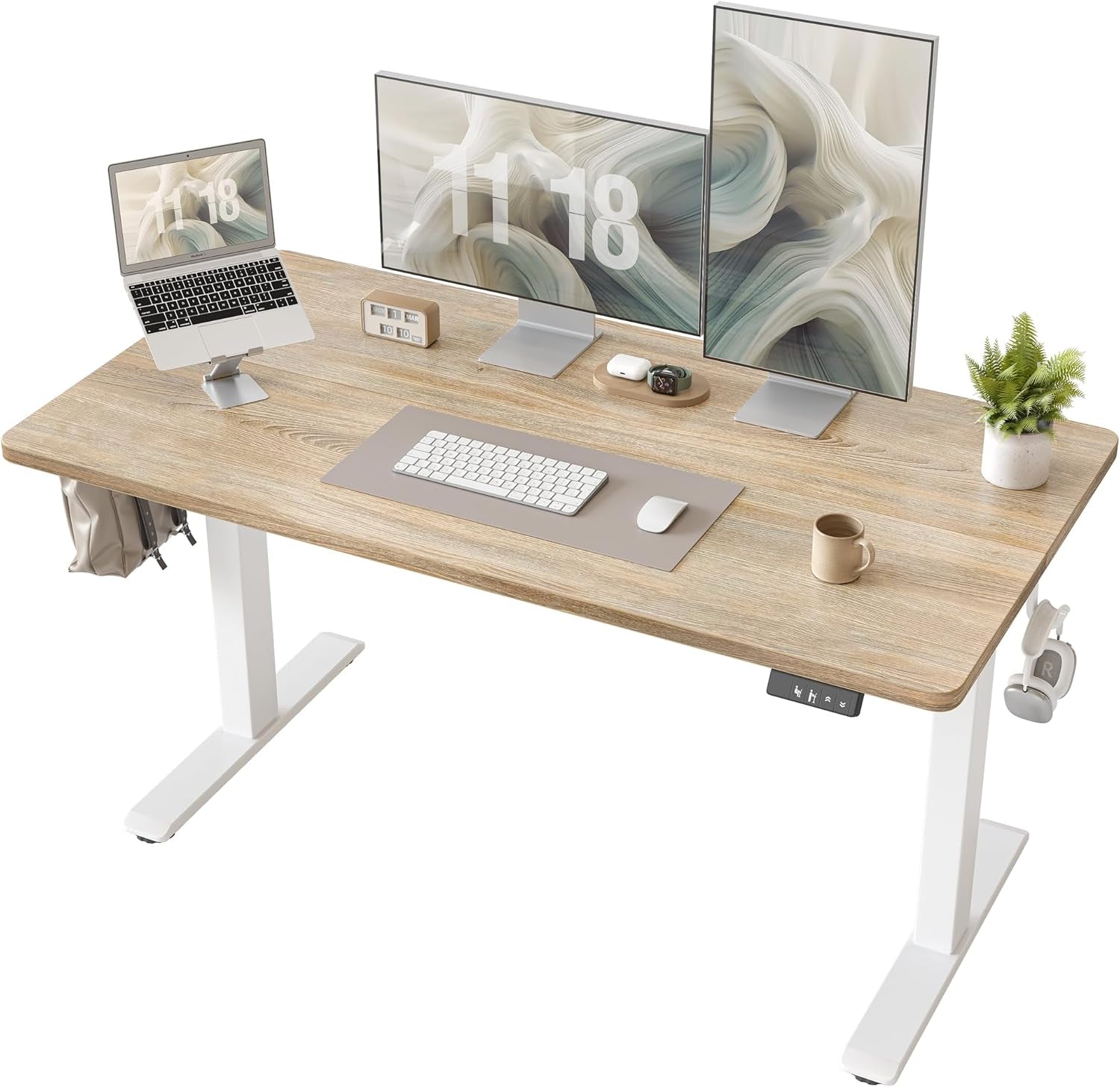 Electric Height Adjustable Standing Desk 47.2×23.6 Inch, Sit Stand Desk with Splice Board, Memory Controller, White Frame & Maple Top Computer Workstation for Home Office