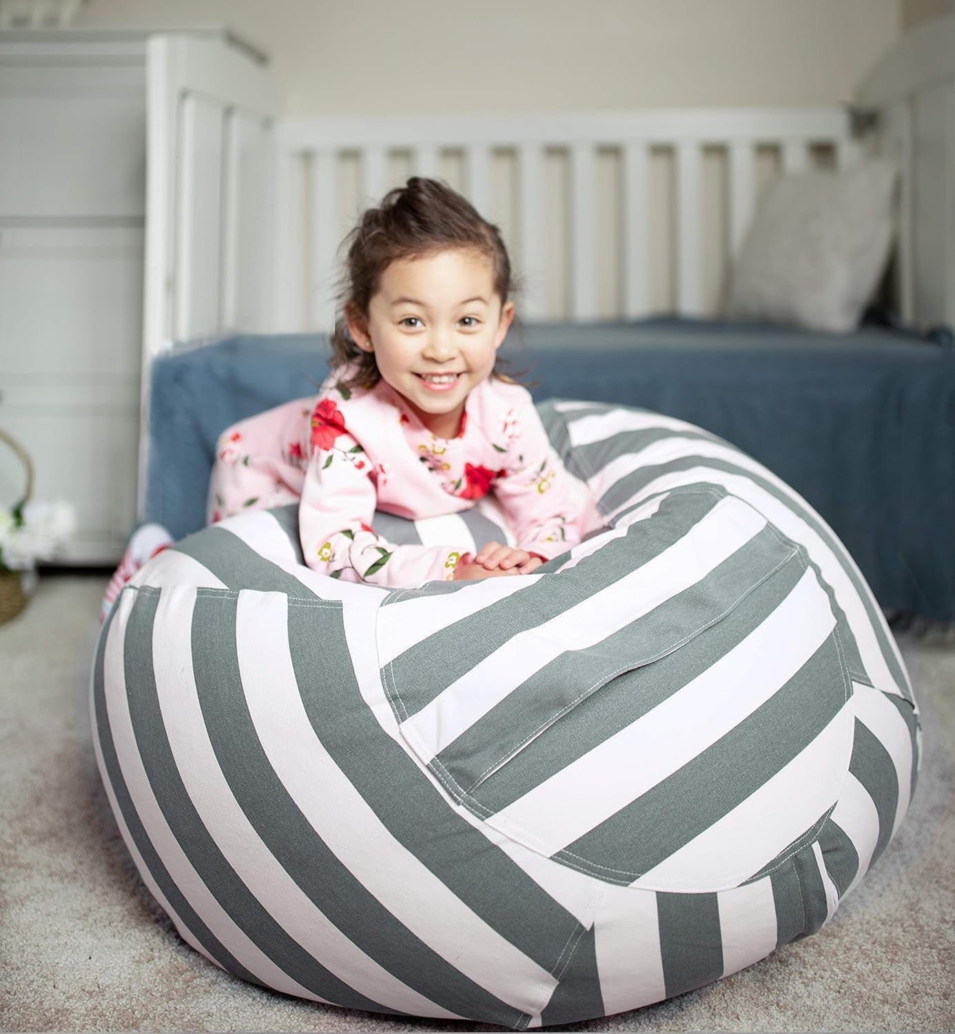 Stuffed Animal Storage Bean Bag Chair Cover for Kids | Stuffable Zipper Beanbag for Organizing Children Plush Toys Large Premium Cotton Canvas (Grey, X-Large)