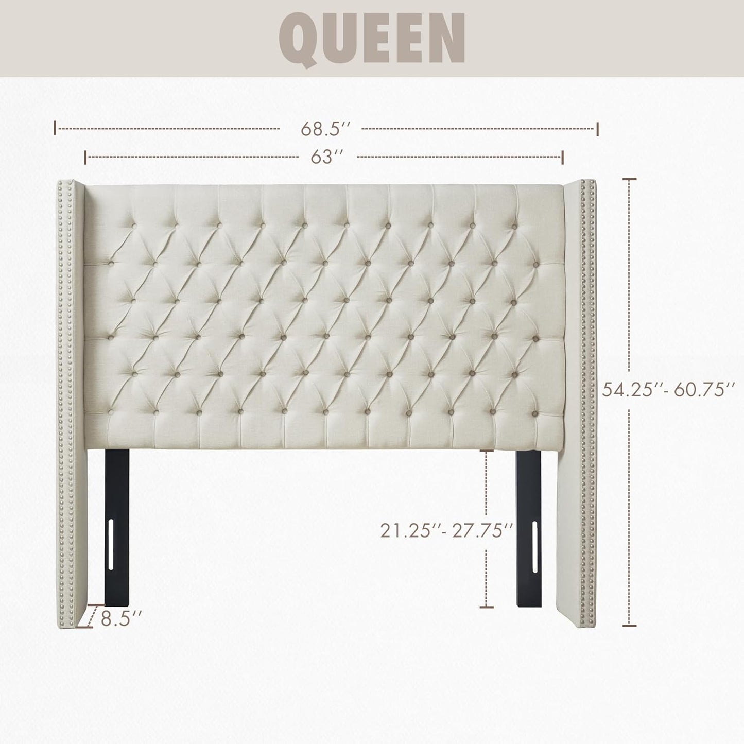 Amelia Upholstered Headboard | Nail Head Trim Wingback Button Tufted | Queen, Cream