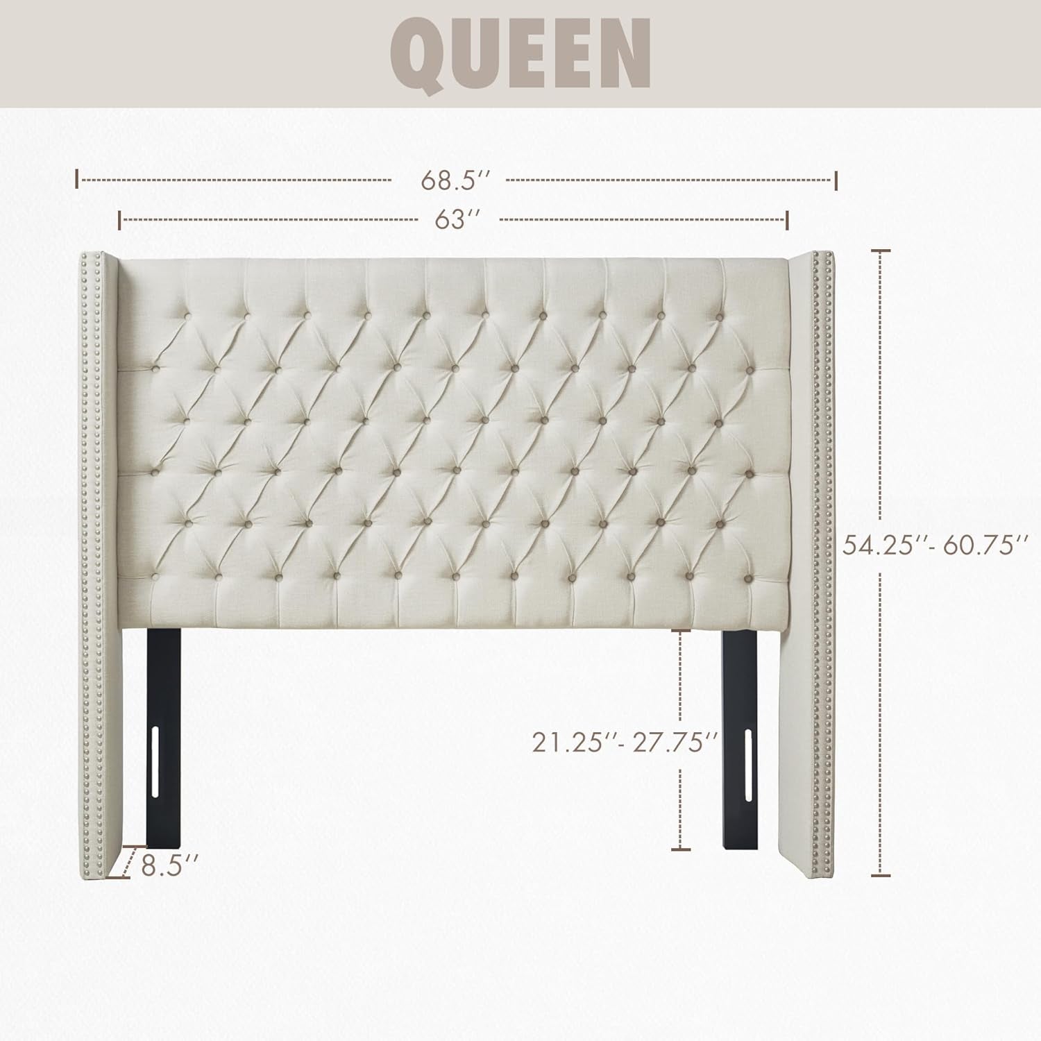 Amelia Upholstered Headboard | Nail Head Trim Wingback Button Tufted | Queen, Cream