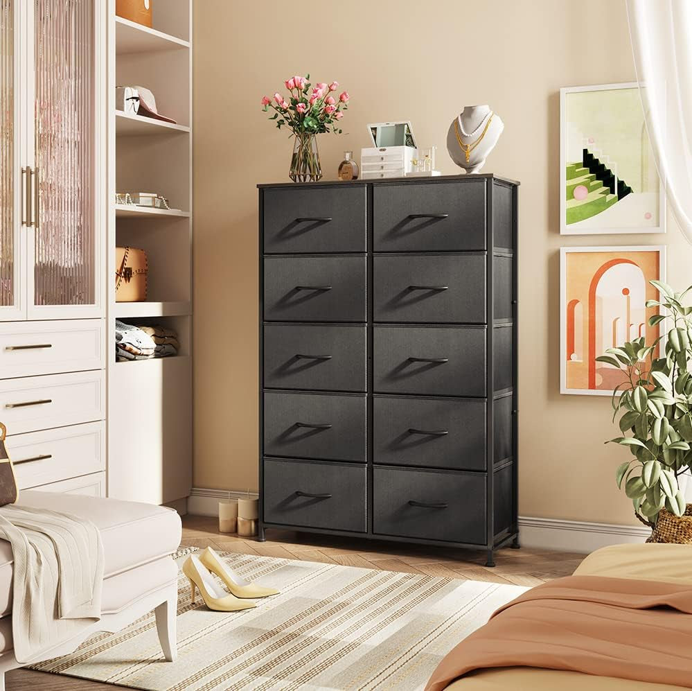 Tall Black Dresser for Bedroom with 10 Drawers, Chest of Drawers, Dressers Bedroom Furniture, Storage Organizer Unit with Fabric Bins for Closet, Hallway, Living Room, Entryway