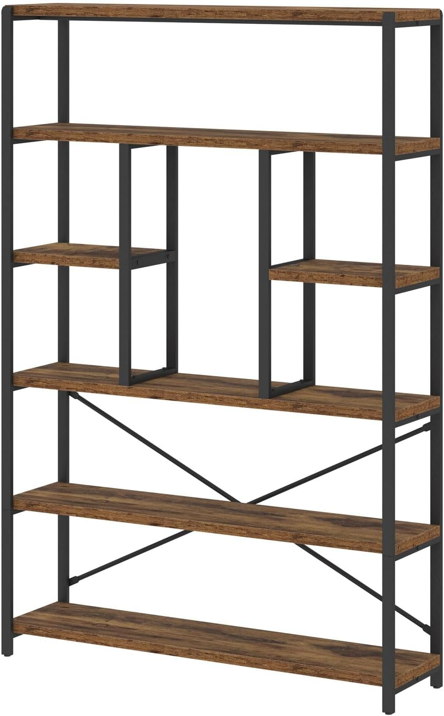 Rustic Bookcases and Book Shelves, Metal Wood 6 Tier Bookshelf and Book Rack Storage, Industrial Vertical Display Etagere Book Case 6 Shelf, Vintage Large Book Shelf for Bedroom Living Room, Brown