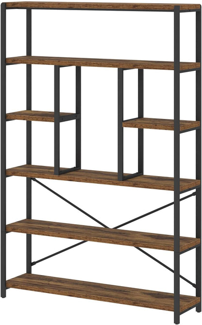 Rustic Bookcases and Book Shelves, Metal Wood 6 Tier Bookshelf and Book Rack Storage, Industrial Vertical Display Etagere Book Case 6 Shelf, Vintage Large Book Shelf for Bedroom Living Room, Brown