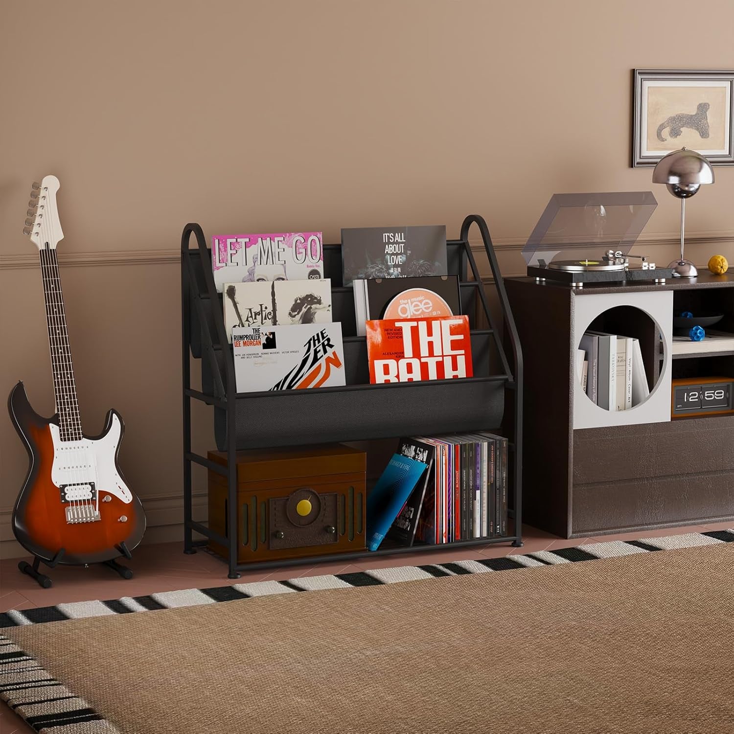 Vinyl Record Storage with Vinyl Shelf Display, Large Capacity Record Player Stand up to 300 Albums 12" D X 31" W X 33" H, Vinyl Record Holder for Lp/Cd/Dvd/Magazine/Books/Album, Black