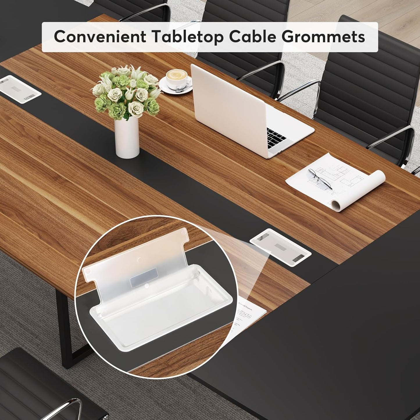 8FT Conference Table, 94.48L X 47.24W X 29.52H Inches Boat Shaped Meeting Table with Rectangle Grommet, Modern Seminar Boardroom Table for Office Conference Room (8Ft, Walnut & Black)