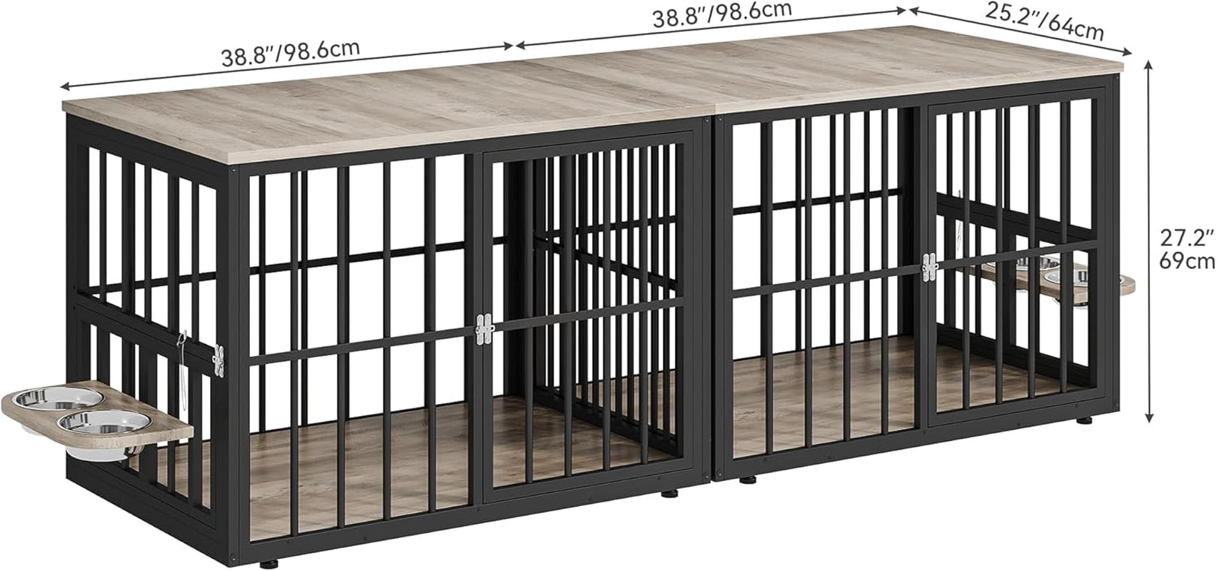 88.6" Large Corner Dog Crate Furniture for 2 Dogs, Large Wooden Dog Kennel with Dog Bowls & 3 Doors, Large Double Dog Crate Furniture TV Stand for Medium Large Dogs, Brown