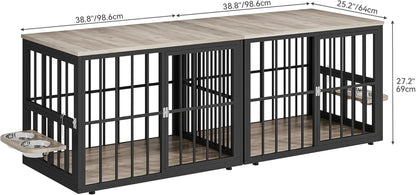 88.6" Large Corner Dog Crate Furniture for 2 Dogs, Large Wooden Dog Kennel with Dog Bowls & 3 Doors, Large Double Dog Crate Furniture TV Stand for Medium Large Dogs, Brown