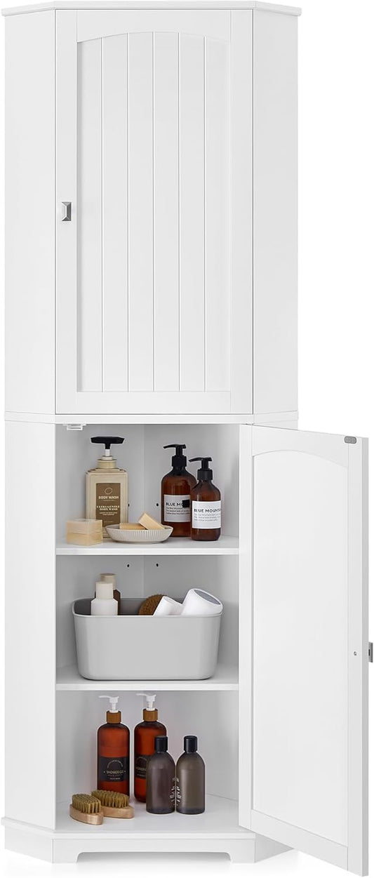 Tall Corner Cabinet, Bathroom Storage Cabinet with 2 Doors and 4 Adjustable Shelves, for Bathroom, Kitchen, Living Room, Modern Farmhouse Design, White UBBC541P31