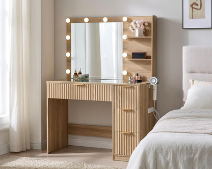 36.2" Fluted Vanity Desk with Mirror and Adjustable LED Lights, Large 4 Drawers Makeup Table with Glass Top and Charging Station for Women and Girls, Bedroom or Dorm, Natural Oak