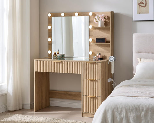 36.2" Fluted Vanity Desk with Mirror and Adjustable LED Lights, Large 4 Drawers Makeup Table with Glass Top and Charging Station for Women and Girls, Bedroom or Dorm, Natural Oak