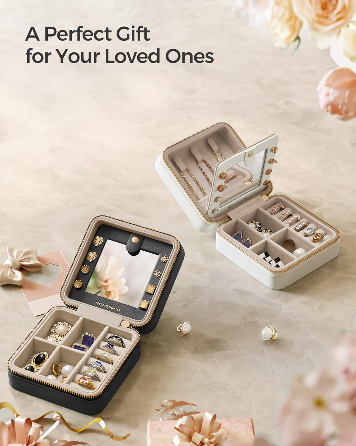 Jewelry Box, 4.5 X 4.5 X 2.2 Inches Travel Jewelry Box with Interior Mirror, PU Leather Jewelry Storage for Women, Small Jewelry Organizer, Portable, Gift Idea, Ink Black UJBC146BKV1