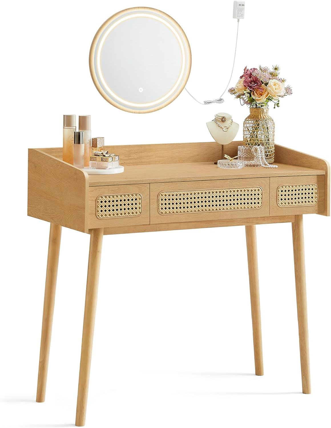 Vanity Desk with Mirror and Lights, Boho Makeup Vanity Table with 3 Rattan-Look Drawers, Dimmable Touch Control Light with 3 Color Temperatures, for Bedroom, Oak Beige