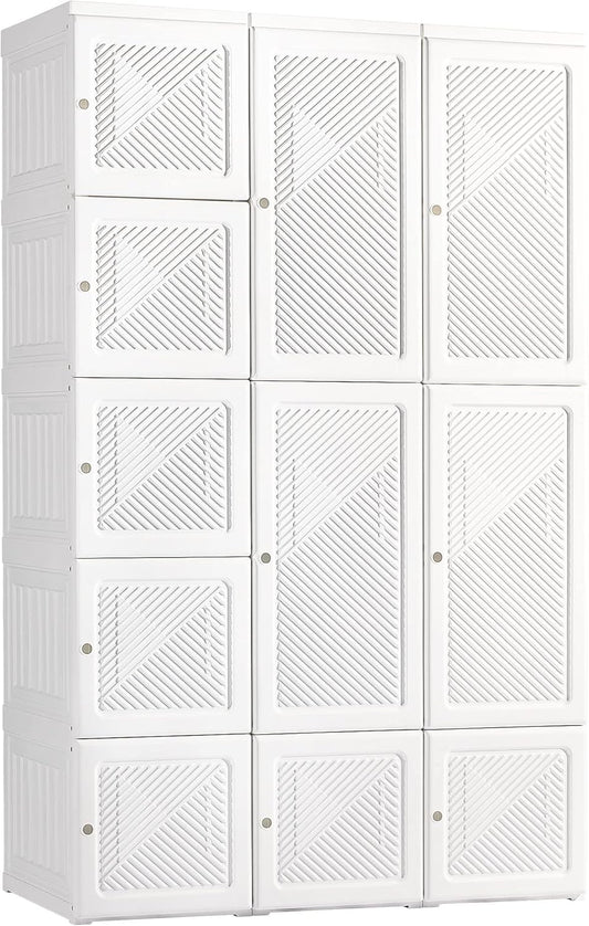 Portable Wardrobe Closet, Folding Clothes Storage Organizer with 8 Cube Compartments, 2 Hanging Rods, 11 Magnet Doors, White