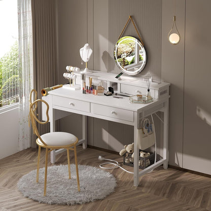 Small White Kids Desk with Fabric Drawers for Bedroom, 32 Inch Vanity Makeup Desk with Drawers Storage for Home Office, Writing Study Table with Power Outlet & Monitor Stand, White