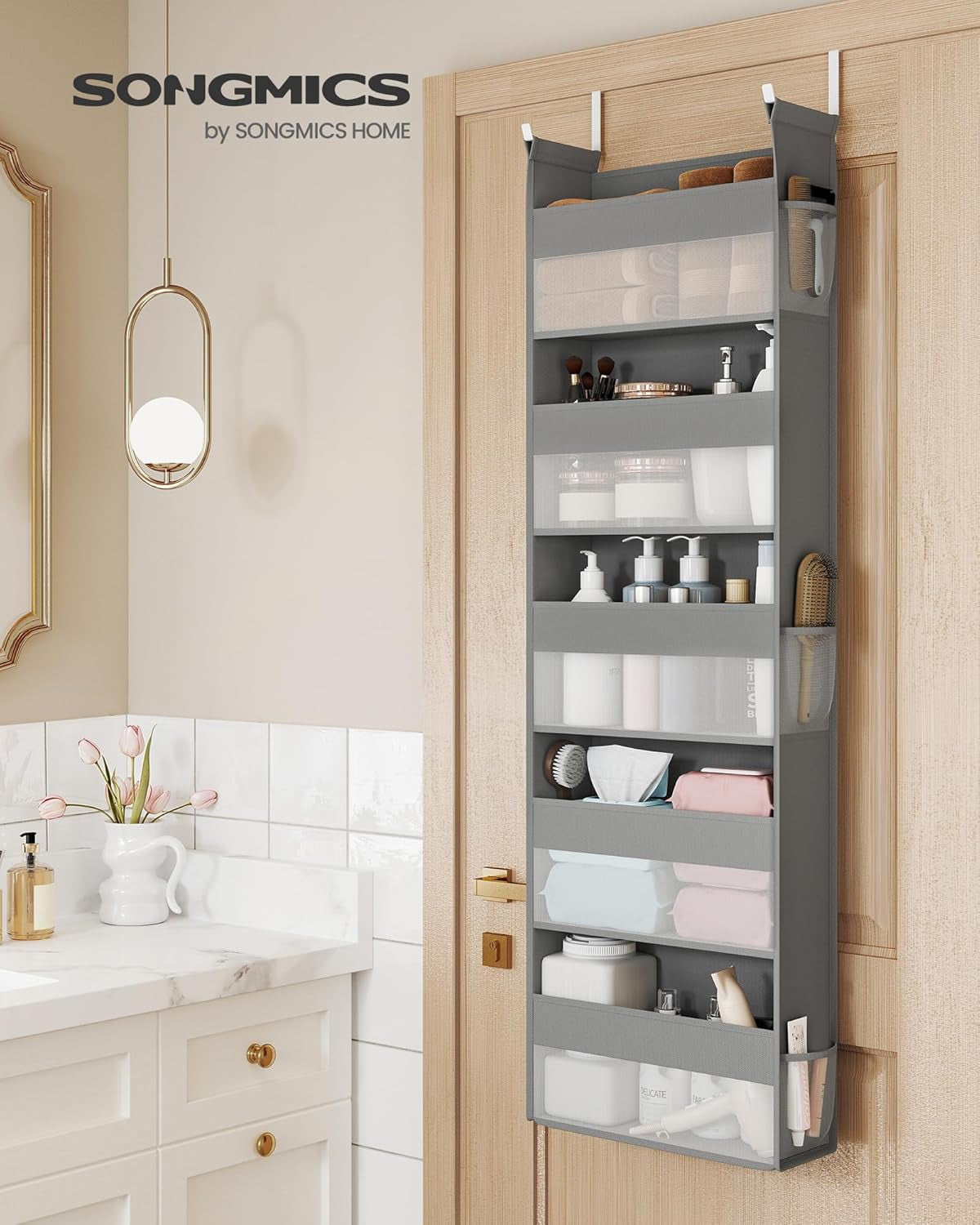 over the Door Organizer, Hanging Door Organizer with 5 Large Pockets, 5-Tier Fabric Storage, Transparent Nylon Mesh, Foldable, Metal Hooks, with Side Pouches, Dove Gray URDH007G01
