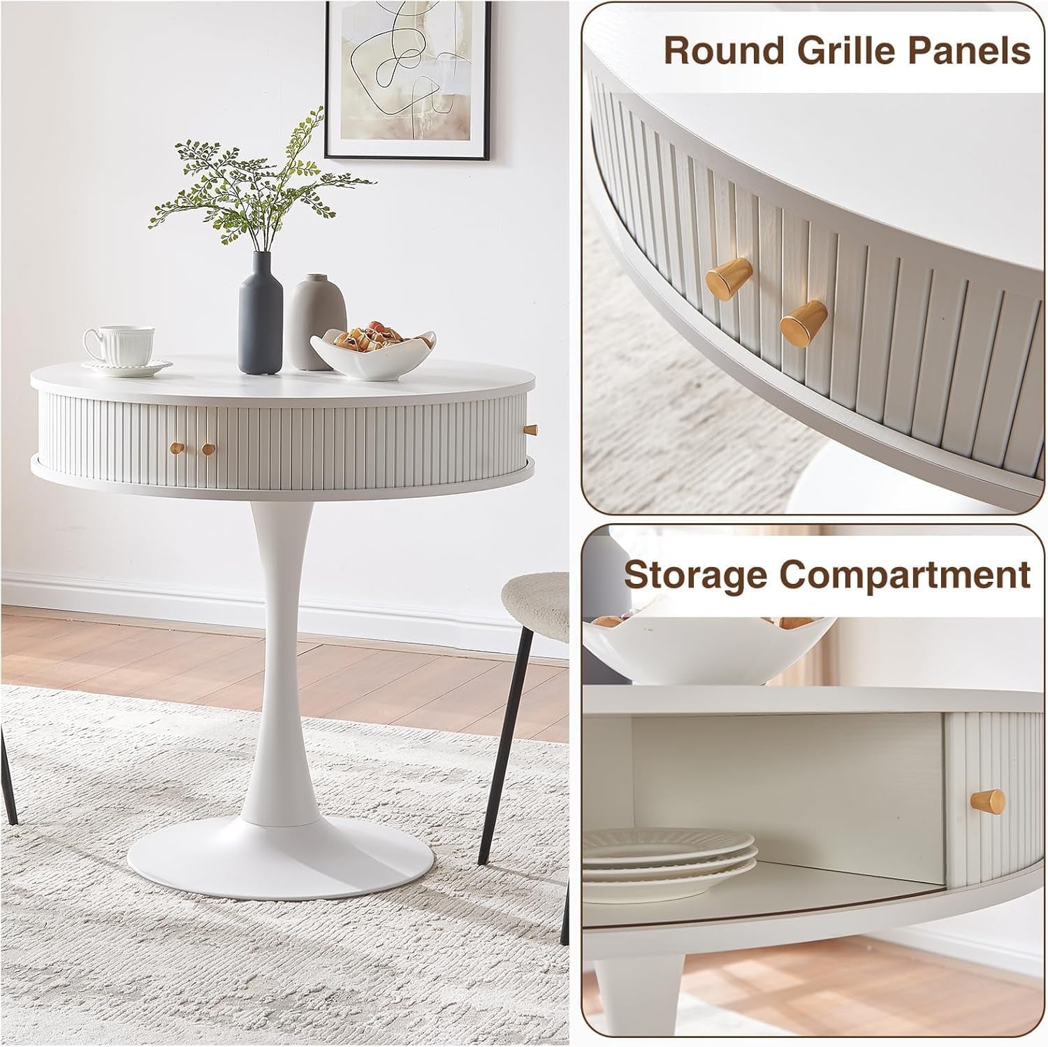 31.5"W round Fluted Pedestal Table for 2 3 4, White Circle Kitchen Dinner Table with Hidden Storage, 31''H Small Tulip Breakfast Desk with Sliding Door, Metal Base for Kitchen, Cafe, Patio, Courtyard