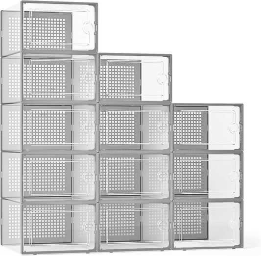 X-Large Shoe Storage Boxes Organizers Clear Plastic Stackable 12 Pack, Shoe Rack & Holder Substitute, Sneaker Containers, Toy Storage Organizer Bins for Entryway, Closet, under Bed, Grey