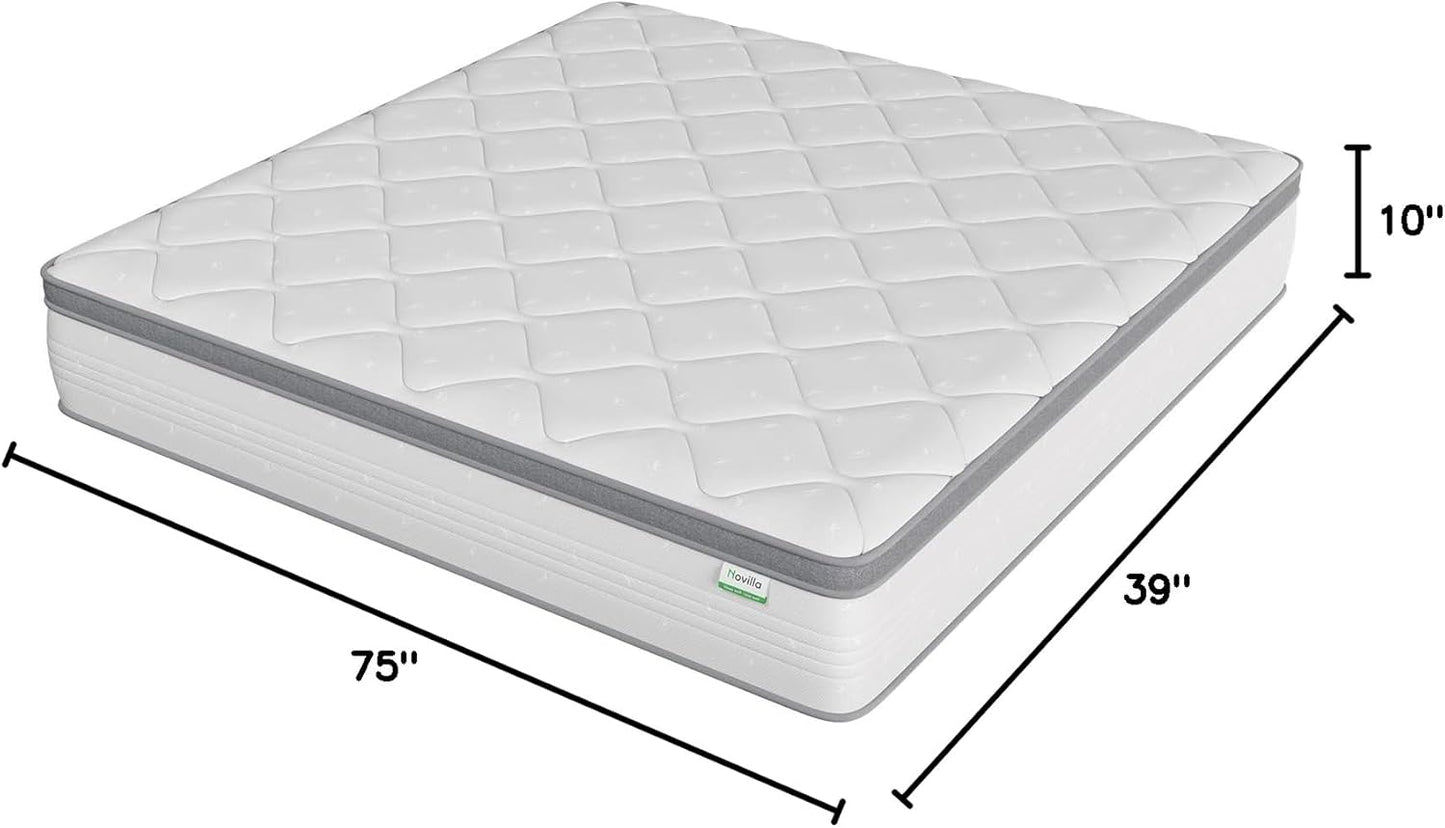 Twin Mattress, 10 Inch Twin Hybrid Mattress for Kids, Pocket Innerspring Pillow Top Mattresses for Motion Isolation, Pressure Relief & Edge Support, Medium Firm Feel