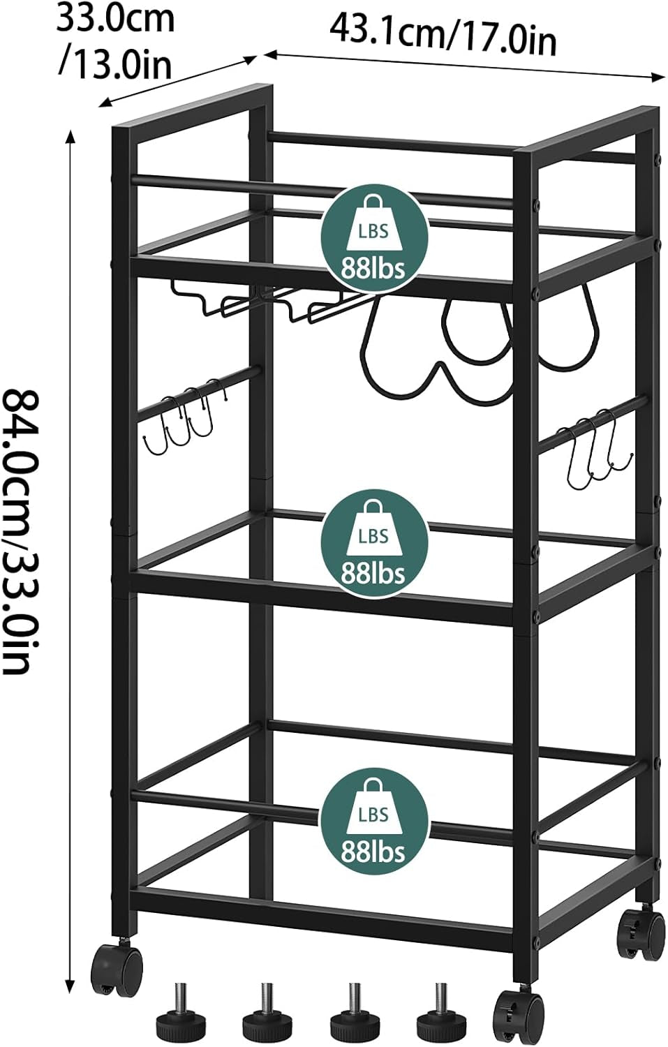 Bar Cart, Serving Cart for Home, Microwave Cart, Drink Cart, Mobile Kitchen Shelf with Wine Rack and Glass Holder, Rolling Beverage Cart for Dining Room, Black