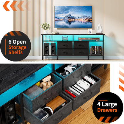 TV Stand for 55/60/65/70 Inch TV, Modern Entertainment Center with LED Lights and Power Outlets, TV Stand with Drawers and Shelves, Media Console with Storage for Living Room Bedroom, Black