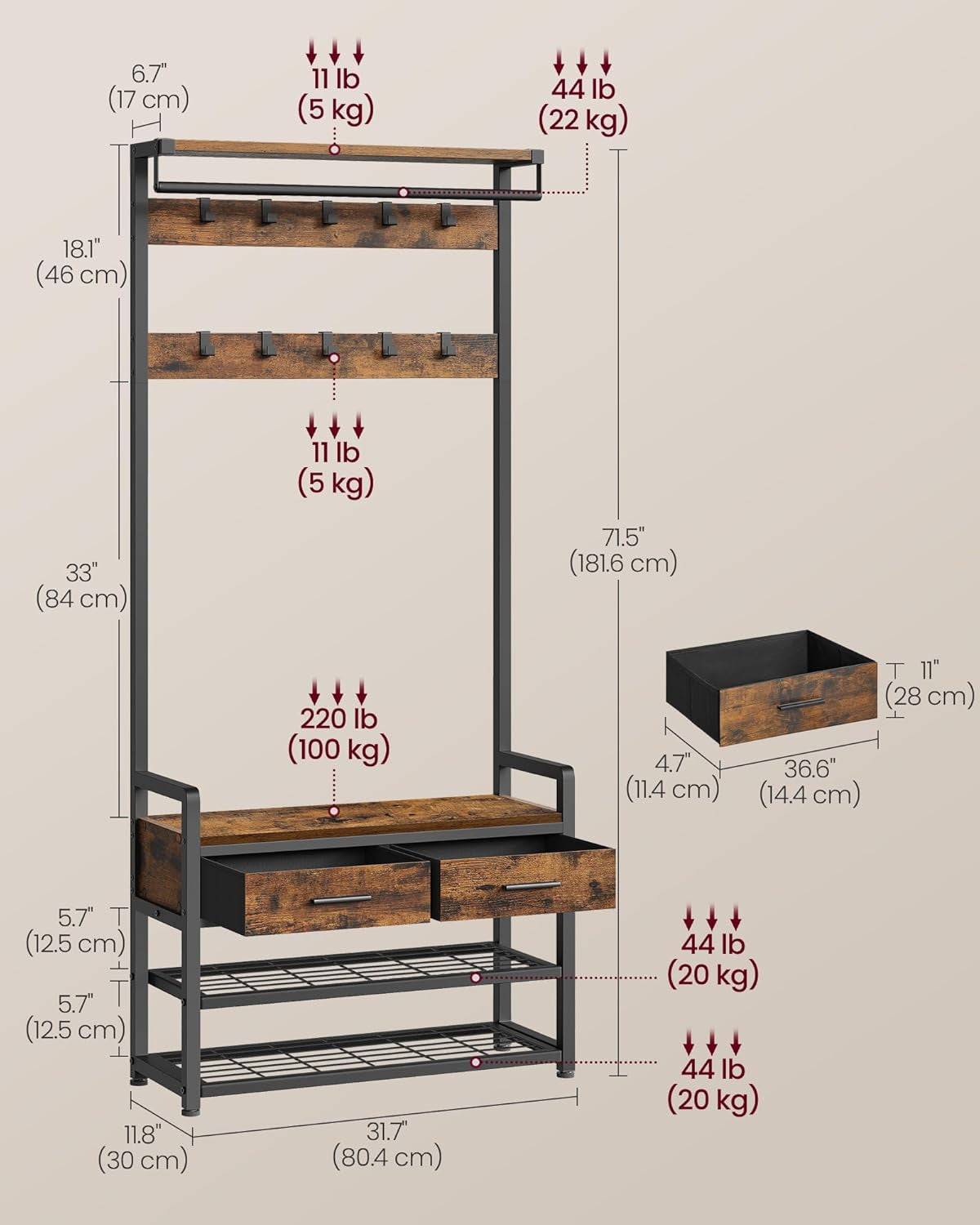 Hall Tree with Bench and Shoe Storage, Entryway Coat Rack with Shoe Bench, 2 Fabric Drawers, 10 Hooks, 11.8 X 31.7 X 71.5 Inches, Vintage Brown and Ink Black UHSR429B01