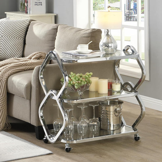 Silver Bar Cart with Wheels Glass Bar Cart for Home Metal Console Table Serving Cart with Storage for Club Spa Cafe Entryway Kitchen Living Room Hallway Sofa