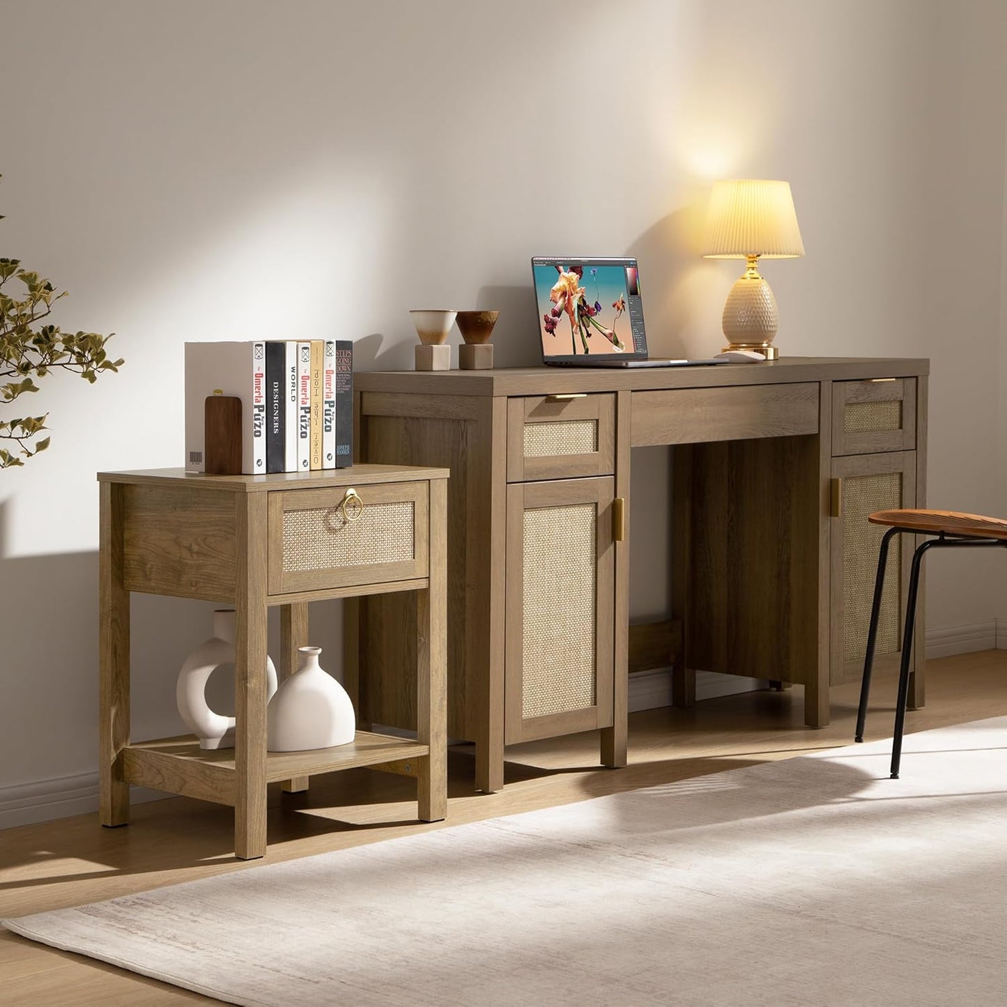 Rattan Nightstand Set of 2, Rattan Decor Drawer with Brass Knobs Night Stand Bedside Table Boho End Tables Side Tables with Storage Shelf for Bedroom,Small Space