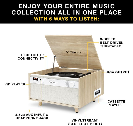 Century 6-In-1 Vinyl Record Player & Music Center – 3-Speed Turntable, CD & Cassette Player, VINYLSTREAM, Bluetooth & 3.5Mm Aux, Record Player with Speakers, Mid Century Design (Walnut)