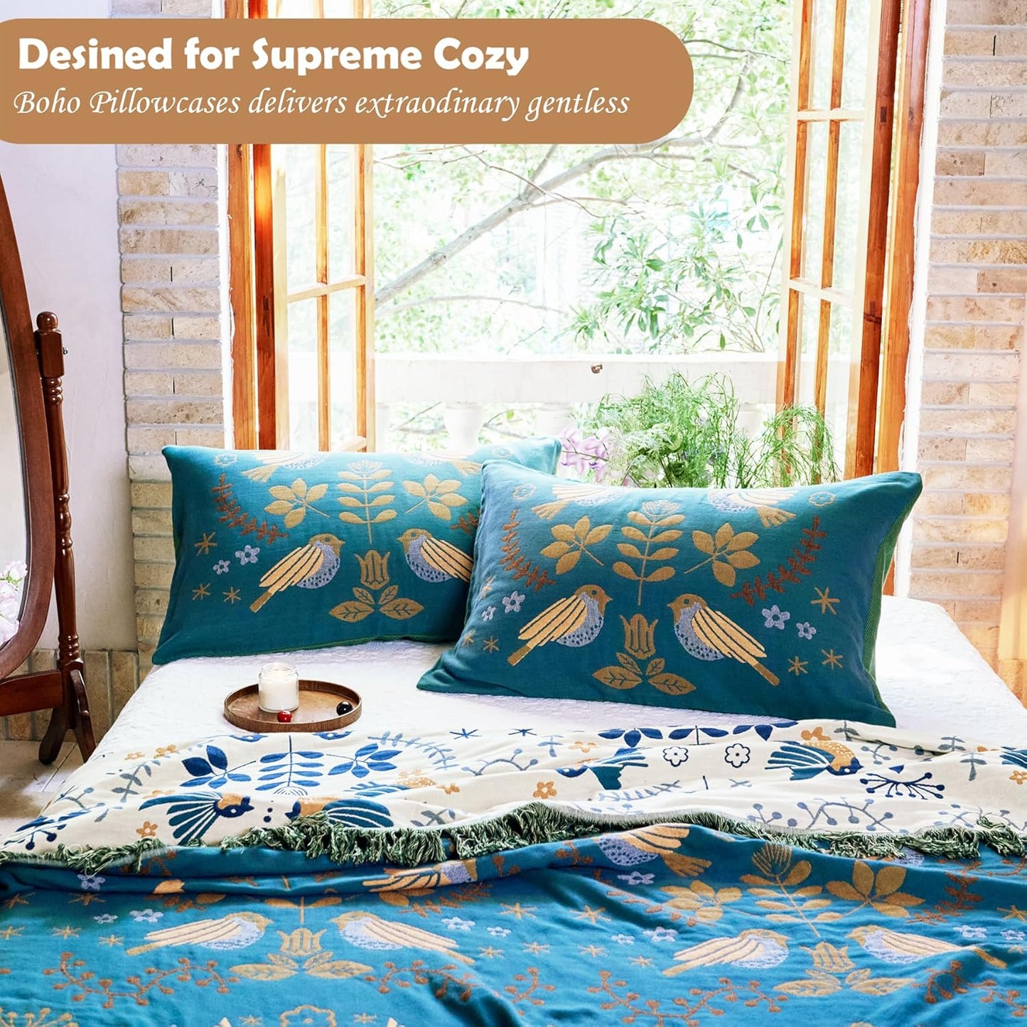 100% Organic Washed Cotton King Boho Pillowcases for Skin-Friendly Set of 2-1000 Thread Thick Count, Bird Pattern Pillow Shams Cover, Soft Breathable Pillow Cases,20X36 Inches-Teal
