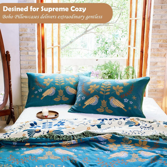 100% Organic Washed Cotton King Boho Pillowcases for Skin-Friendly Set of 2-1000 Thread Thick Count, Bird Pattern Pillow Shams Cover, Soft Breathable Pillow Cases,20X36 Inches-Teal