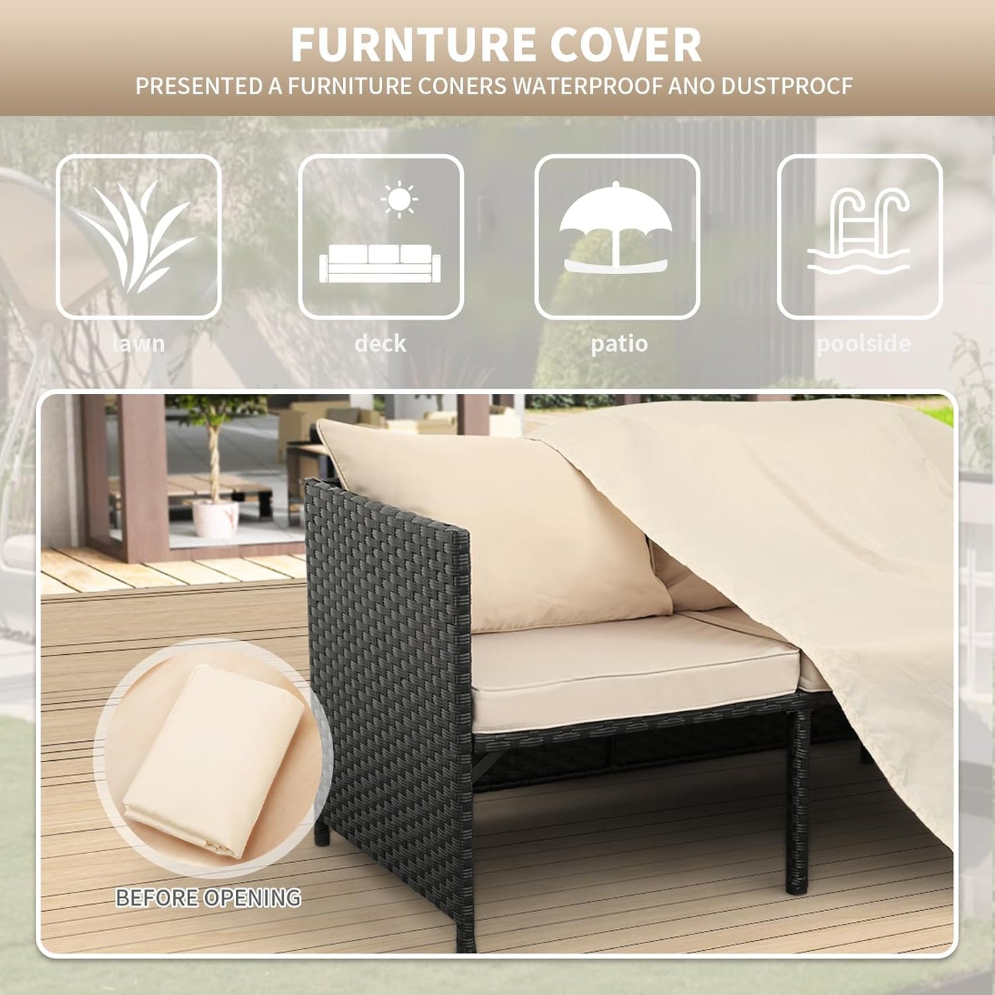 3-Piece Outdoor PE Rattan Furniture Set Patio Black Wicker Conversation Loveseat Sofa Sectional Couch Khaki Cushion