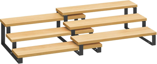 Display Risers, Set of 2 Engineered Wood Perfume Organizer Stand, 3-Tier Cupcake Stand Holder, Spice Rack, Shelf Risers for Figures, Dessert Shelves, Natural Beige and Ink Black UKCS016N01