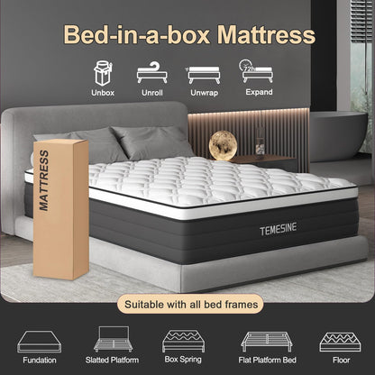 King Size Mattress, 14 Inch Hybrid Mattress in a Box with Individual Pocket Spring, Gel Memory Foam and Euro Top, Medium Firm Feel with Motion Isolation, Pressure Relief, Edge Support,Black