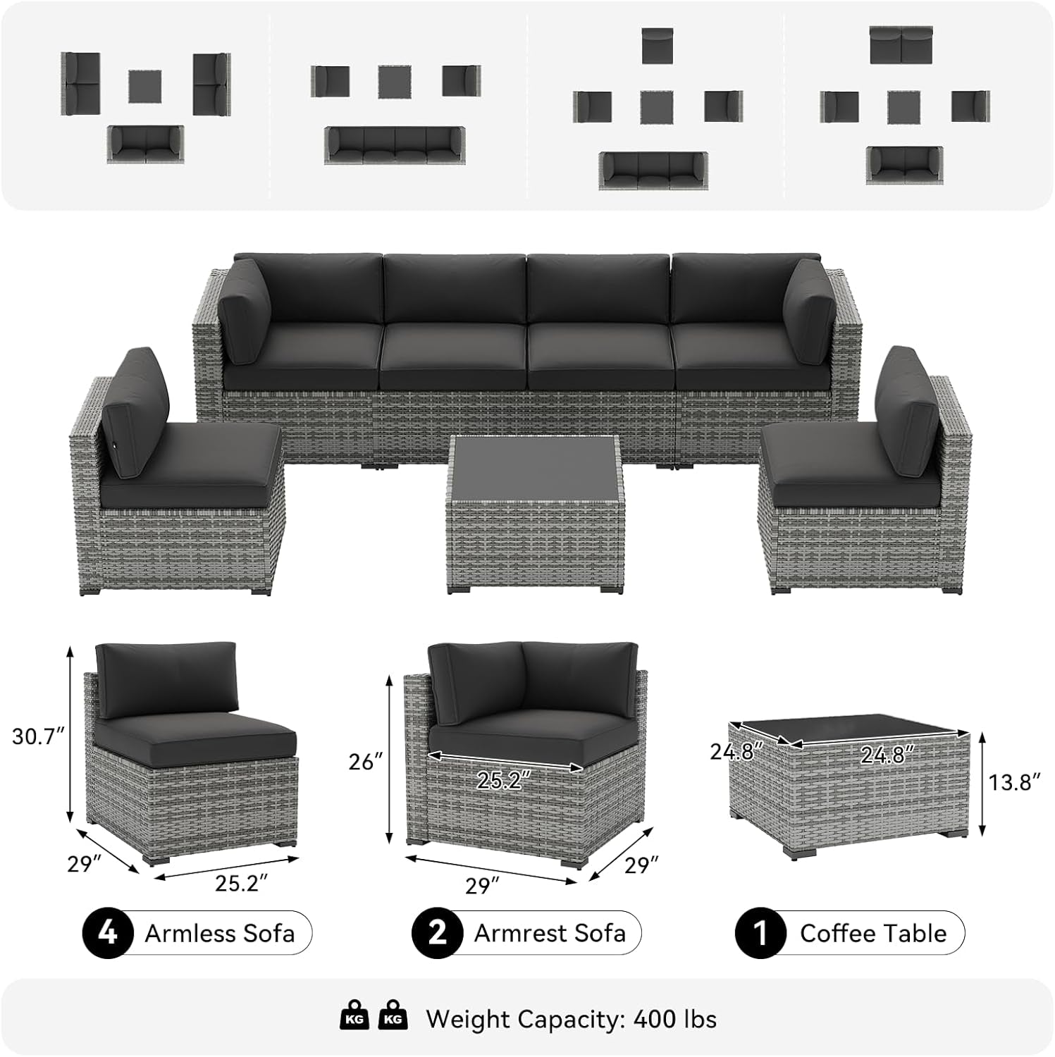 7-Piece Patio Furniture Set, Wicker Rattan Outdoor Furniture with Thick Cushions, Patio Conversation Sets with Coffee Table, Outdoor Sectional Couch Sofa with Waterproof Cover, Black