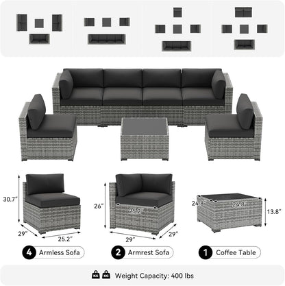 7-Piece Patio Furniture Set, Wicker Rattan Outdoor Furniture with Thick Cushions, Patio Conversation Sets with Coffee Table, Outdoor Sectional Couch Sofa with Waterproof Cover, Black