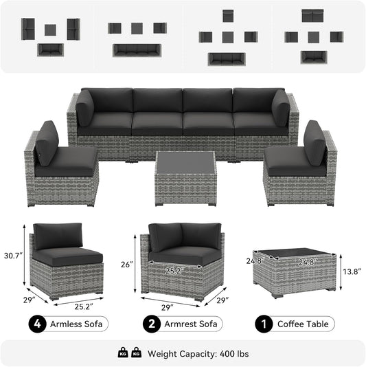 7-Piece Patio Furniture Set, Wicker Rattan Outdoor Furniture with Thick Cushions, Patio Conversation Sets with Coffee Table, Outdoor Sectional Couch Sofa with Waterproof Cover, Black