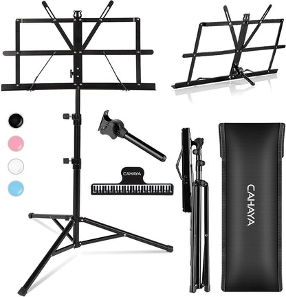 Portable Sheet Music Stand: Dual Use Desktop Book Holder Folding Lightweight Extra Stable Reinforced with Carrying Bag and Clip for Students Musicians Height Adjustable up to 54.3" CMS0204