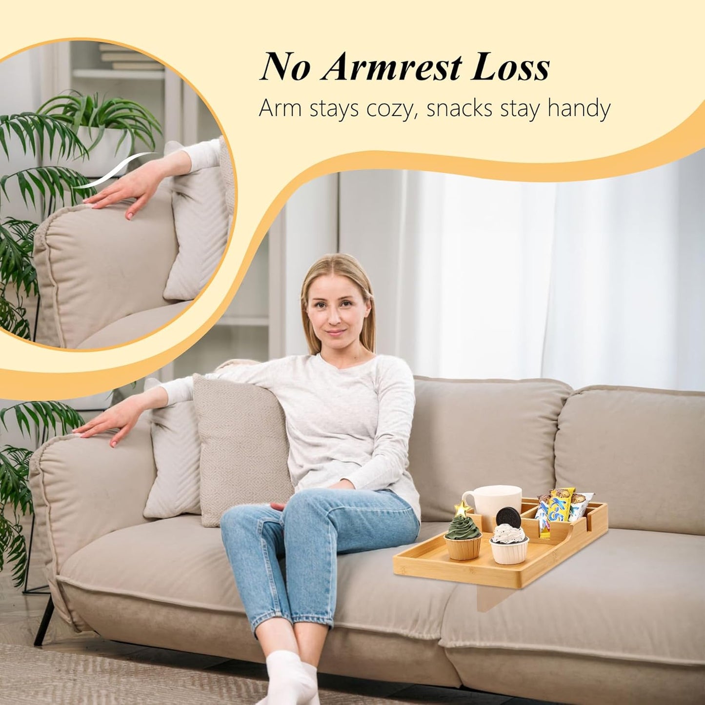 Couch Tray Insert for Middle,Bamboo 15.3″X9.8″ Sofa 2 Cups Holder Table between Couch Cushions,Fit Armless Couch/Sectional, 2-In-1 Fold-Flat Tray for Drink Snack Remote Holder