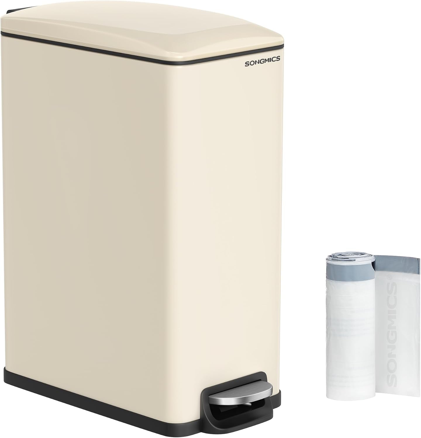 Slim Trash Can, 13-Gallon (50 L) Garbage Can for Narrow Spaces with Soft-Close Lid, Inner Bucket, and Step-On Pedal, Stainless Steel, 15 Trash Bags Included, Silver ULTB510E48