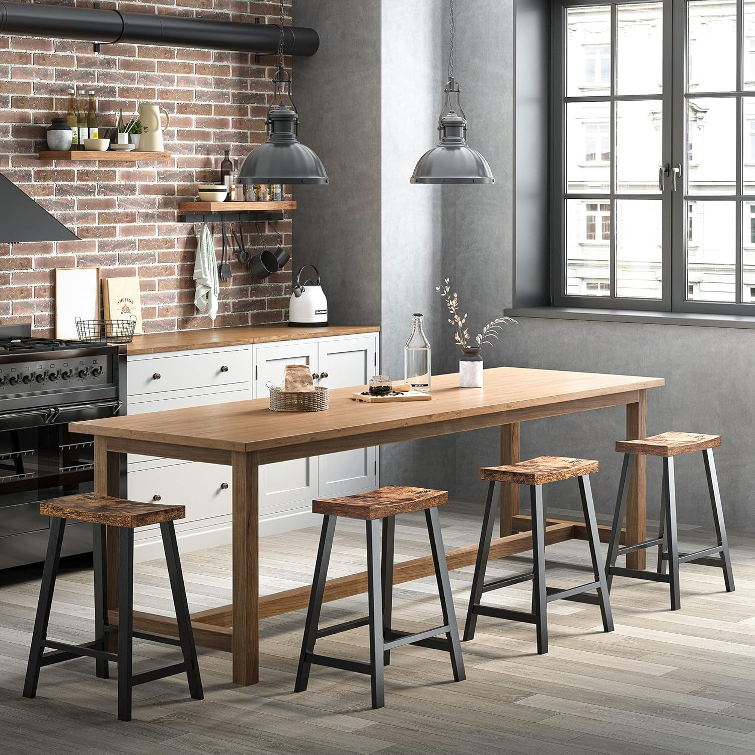 Bar Stools, Set of 2 Bar Chairs, Kitchen Breakfast Bar Stools with Footrest, 23.6 Inches High, Industrial in Living Room, Party Room, Rustic Brown and Black ULBC074B01