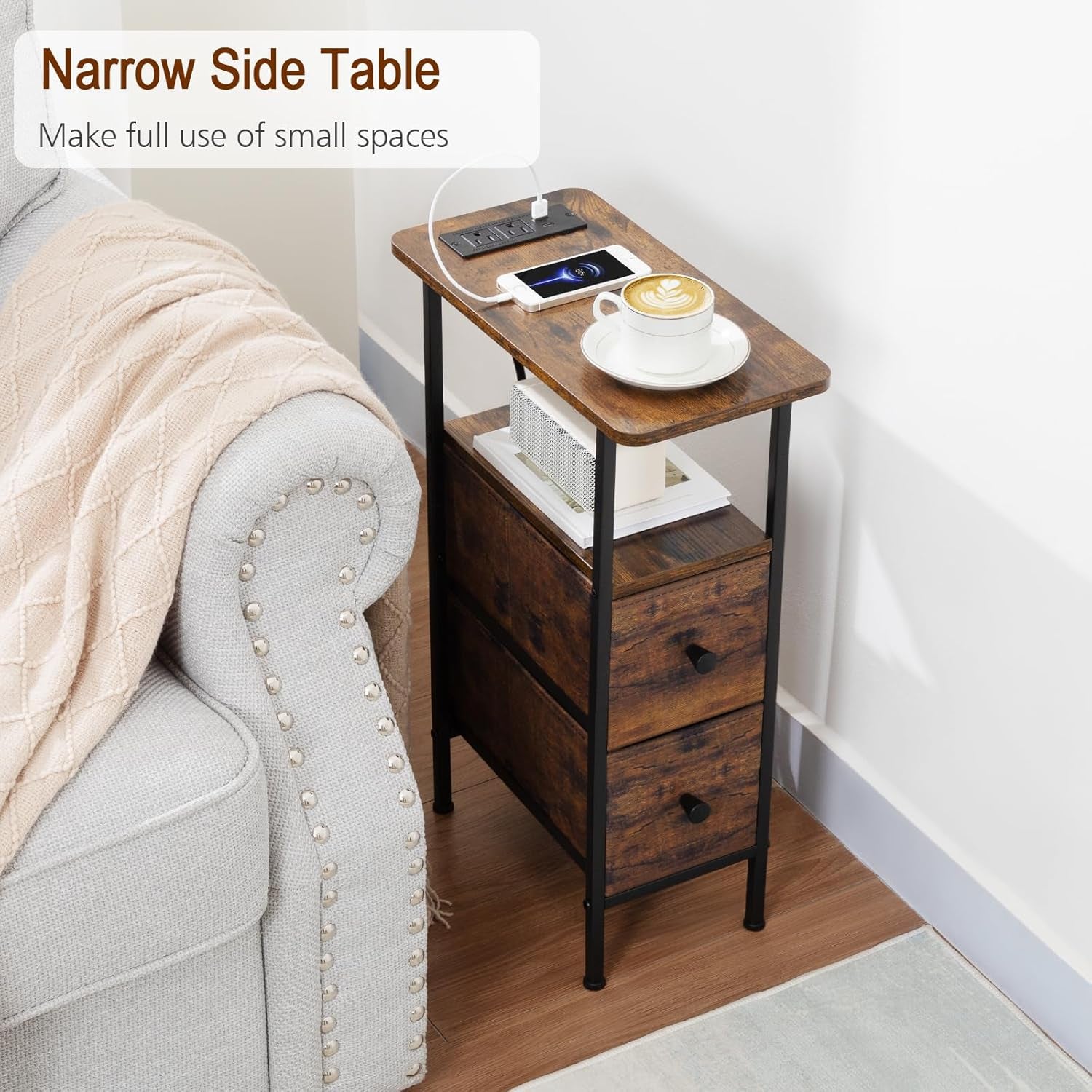 Narrow Nightstand with Charging Station, End Tables Living Room Set of 2, Skinny Side Table with Fabric Drawers, Slim Sofa Table for Bedroom, Small Spaces, Couch, Rustic Brown, HETNDP02PBR