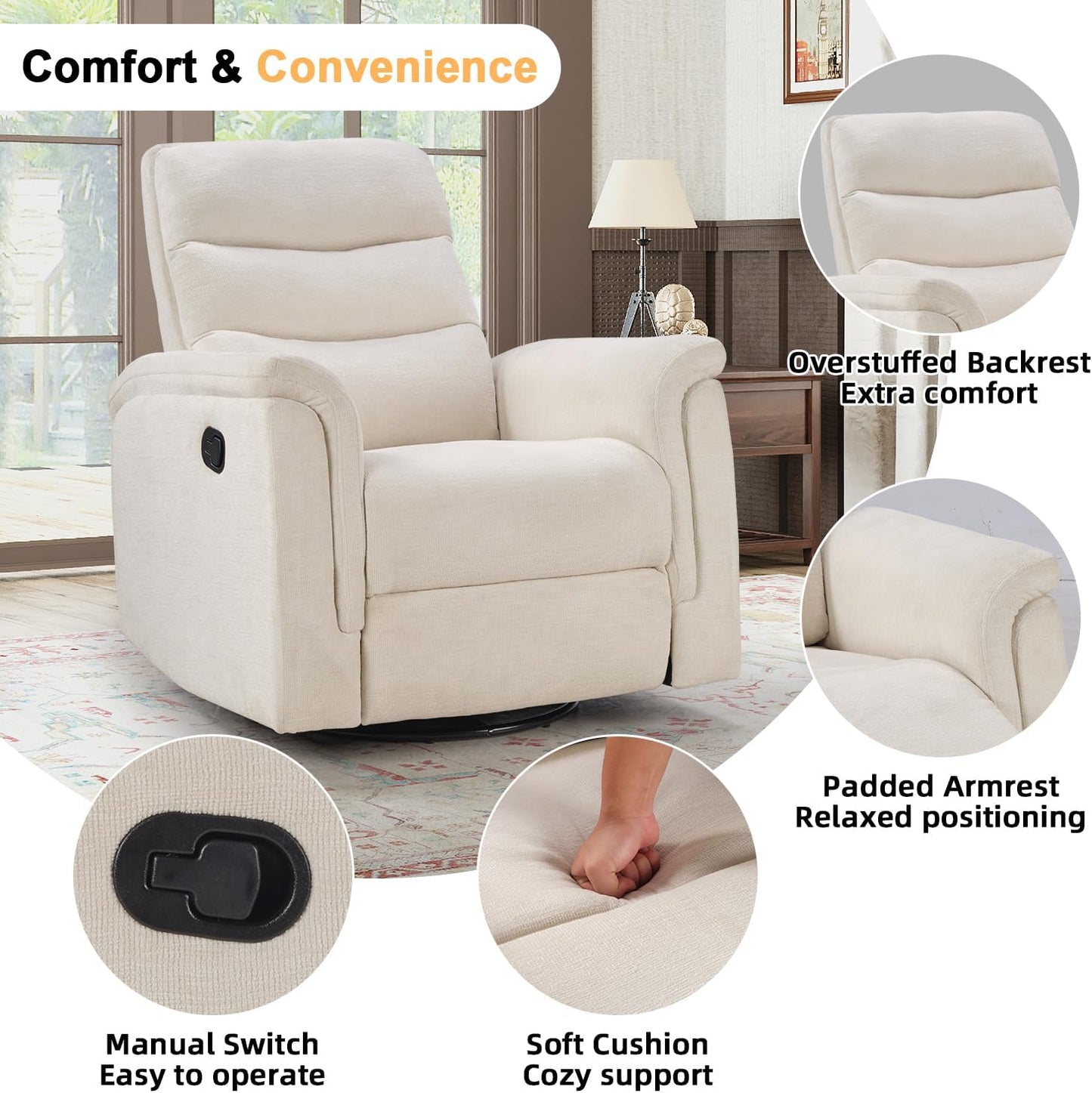 Swivel Rocker Recliner, Nursery Glider Chair, Manual Chairs Swivel Glider Recliners with Soft Backrest, Fabric Manual Reclining Sofa for Living Room Bedroom Apartment, Beige
