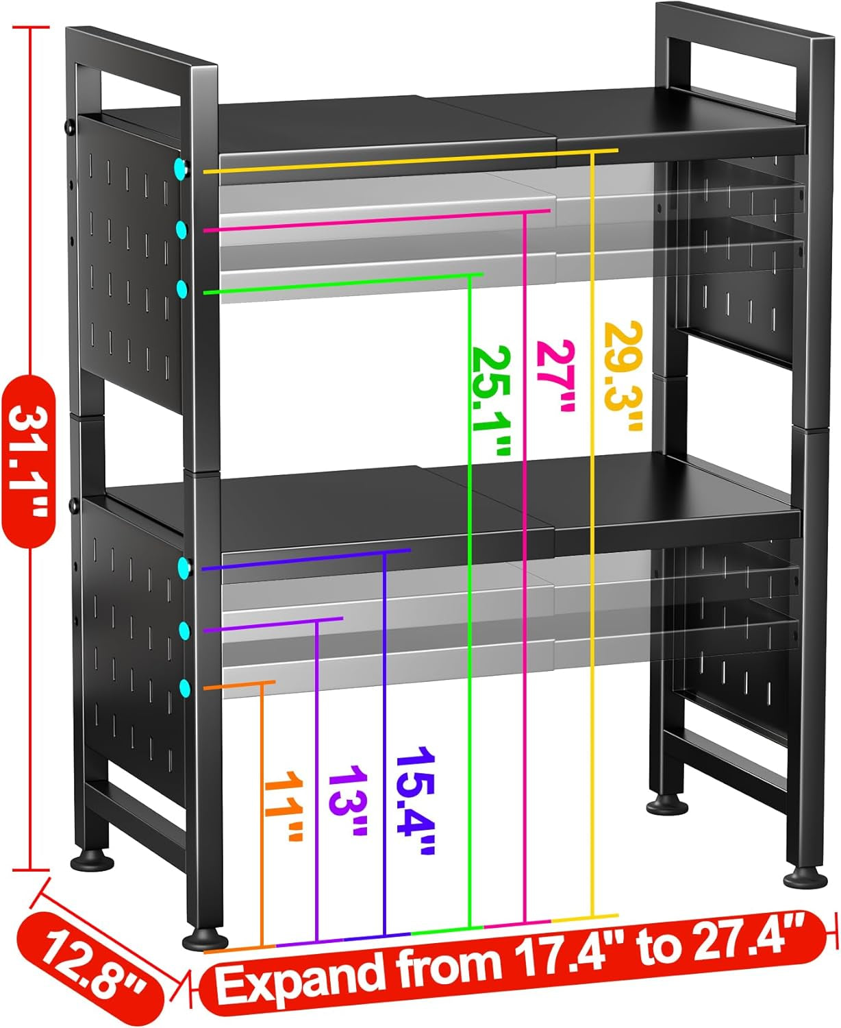 Microwave Stand, 3-Tier Expandable(17.4"- 27.4") Heavy Duty Adjustable Shelf Microwave Oven Rack, Kitchen Countertop Organizer and Storage with 9 Hooks & Cutting Board Holder, Holds up 180 Lbs, Black