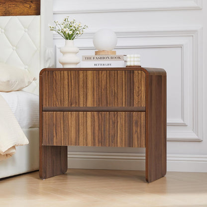 Brown mid century two drawer dresser nightstand with curved profile