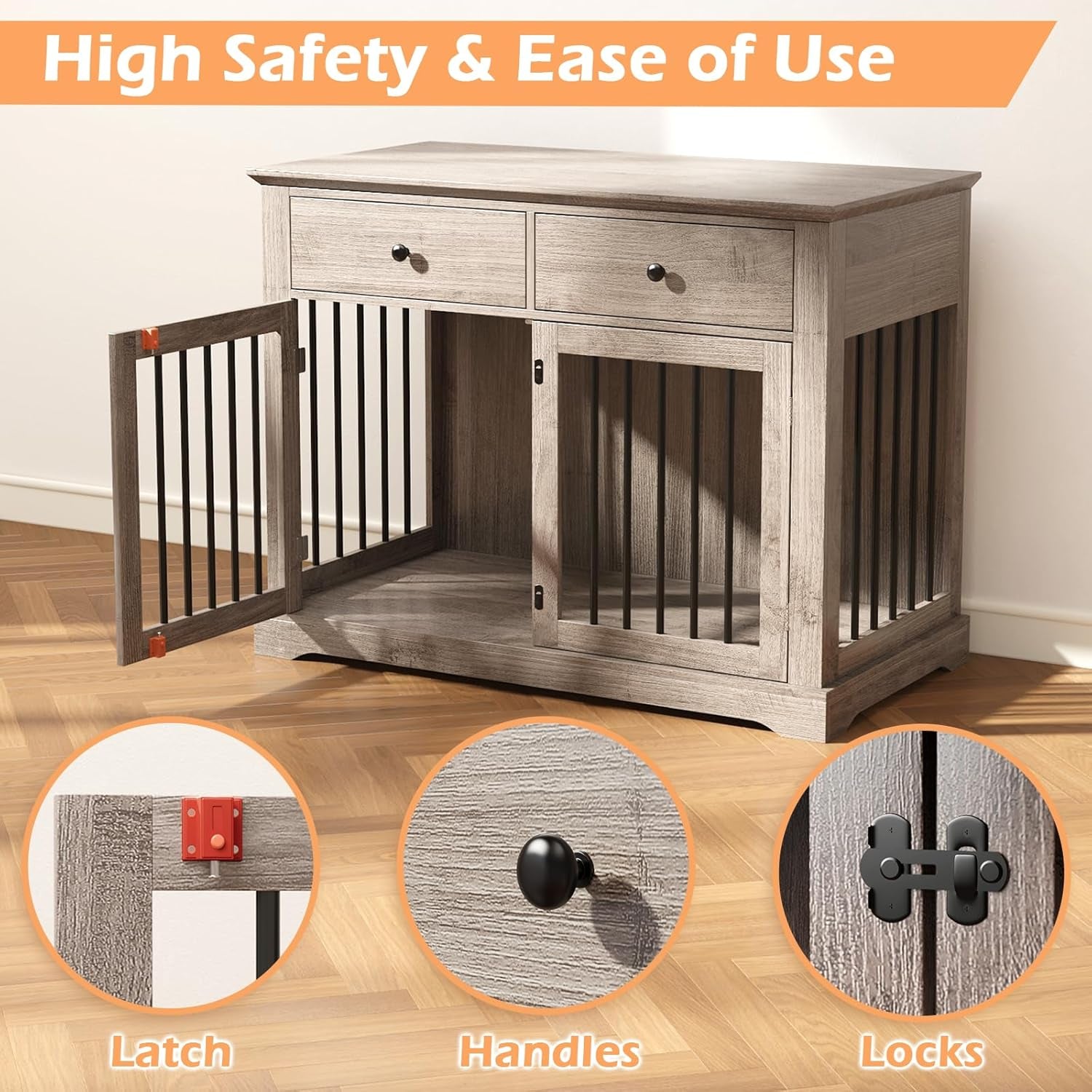 Dog Crate Furniture, Wooden Dog Kennel Furniture Indoor with 2 Storage Drawers, 46 Inch Heavy Duty Large Dog Crate Furnitures, Dogs Cage & Crate Furniture for Small Medium Large Dogs, Grey