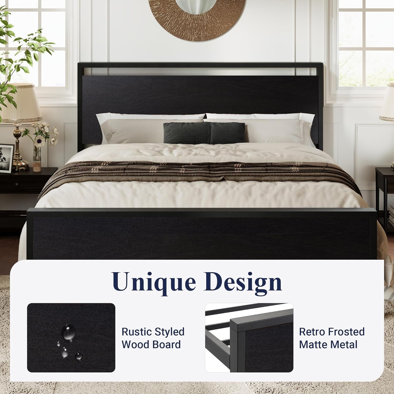 Queen Size Platform Bed Frame with Wooden Headboard and Footboard, Heavy Duty 12 Metal Slats Support, No Box Spring Needed, Under-Bed Storage, Noise Free, Easy Assembly, Black Oak