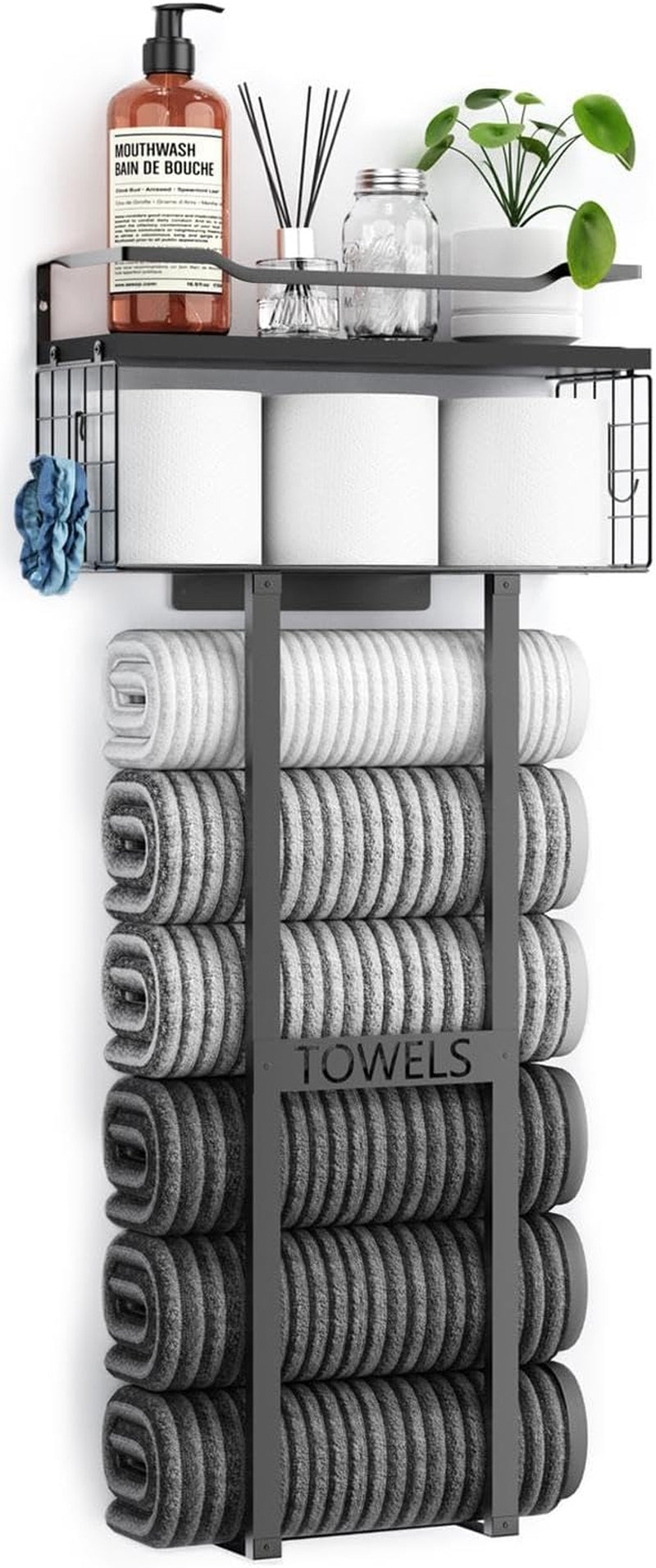 Towel Racks for Bathroom 31Inch Wall Mounted Towel Rack,Floating Shelf with Wood Plank,Towel Storage for Bathroom Can Holds 6 Large Rolled Towels,All Black
