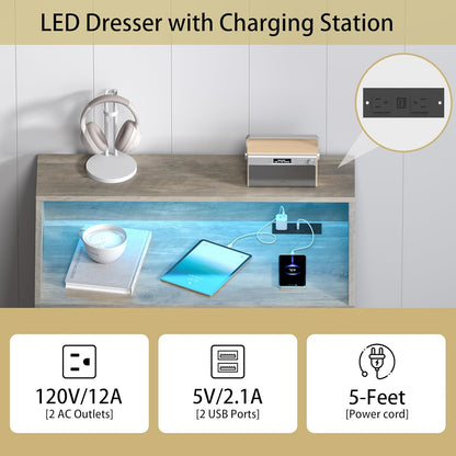 Grey Dresser Tall 5 Drawer Dresser for Bedroom, Wood Chest of Drawers with LED Lights, Charging Station, Metal Handles, Modern Storage Cabinet and Organizer Drawers for Living Room, Hallway