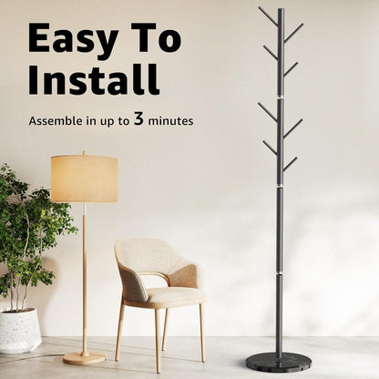 Coat Rack with Natural Marble Base, Metal Freestanding Coat Rack with 8 Hooks, 3 Adjustable Size Sturdy Coat Tree for Bags, Coats, and Hats for Entryway, Hallway, Bedroom, Office, Black